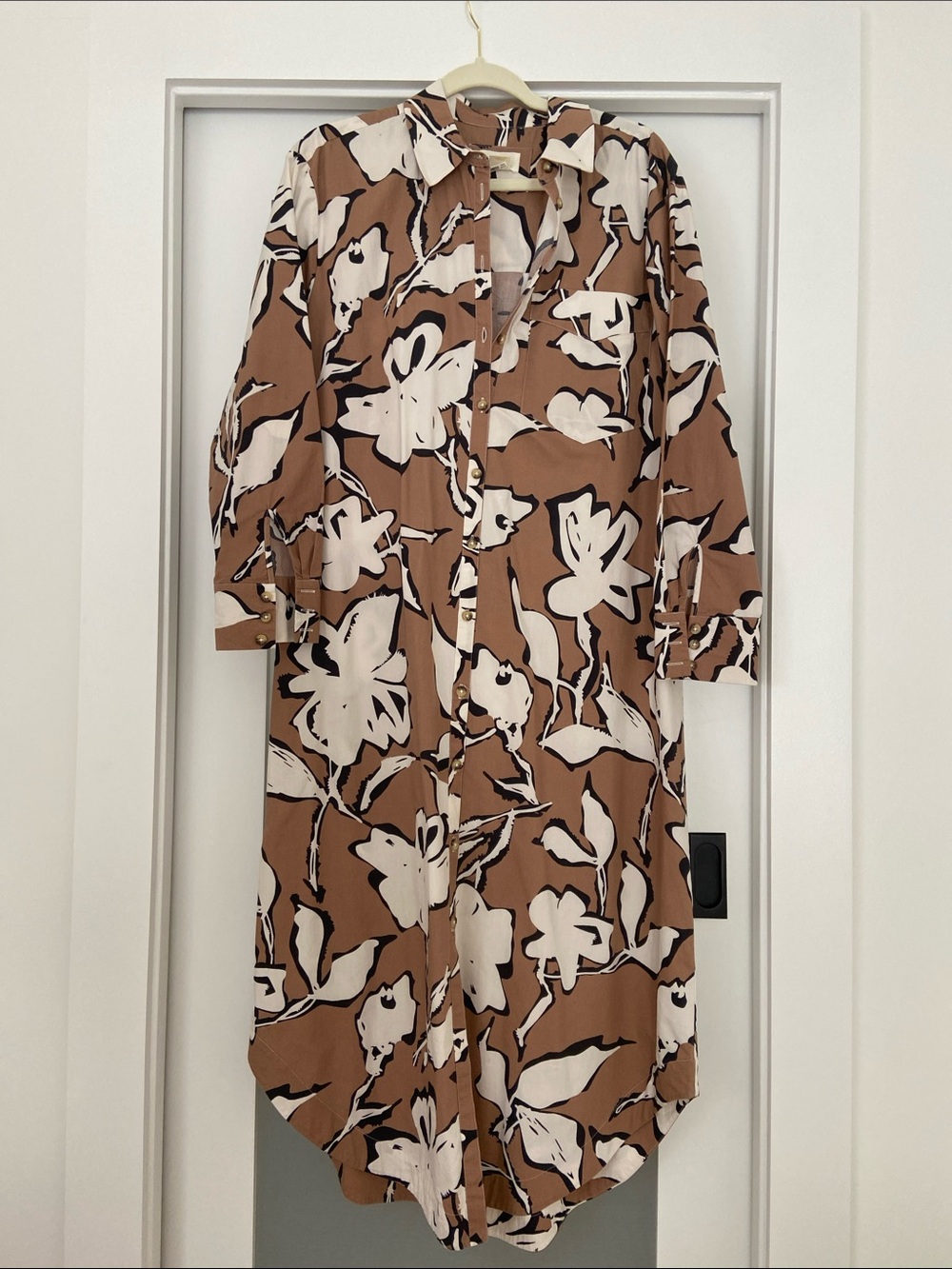 Anthropologie Brown and White Floral Long-Sleeve Shirt Dress